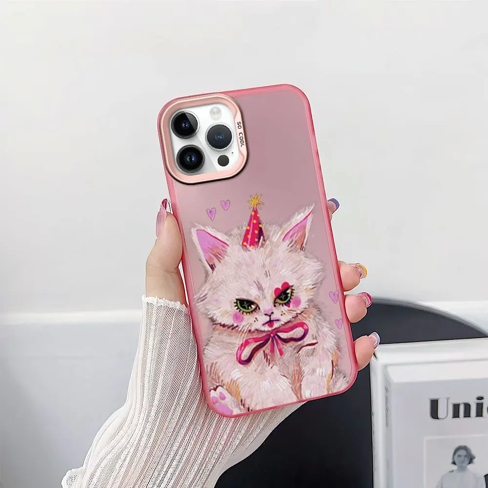 Cute Heart White Cat Party Phone Case for iPhone 12 11 13 14 15 16 Pro Plus IMD Plating Cover