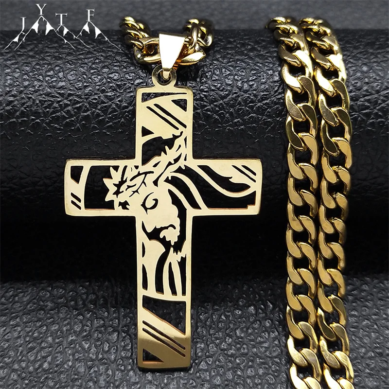 Hip Hop Punk Crown of Thorns Jesus Cross Necklace for Men Stainless Steel Gold Plated Crucifix Pendant Necklaces Jewelry N8052