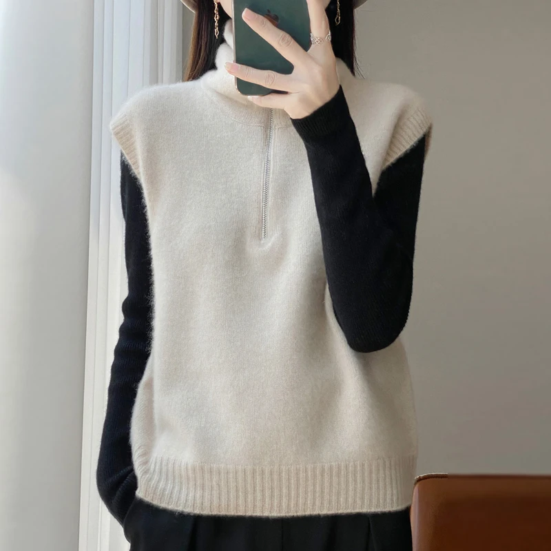 

With An Academic Style 100% Merino Wool Vest Sweater Pullover Turtleneck Zippered Sleeveless Knitwear Femal Clothing Tops