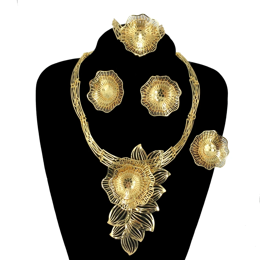 

New Style Brazilian 24K Gold Plated Jewelry Sets African Women Banquet Dating Wedding Flower Jewelry Accessory FHK14785