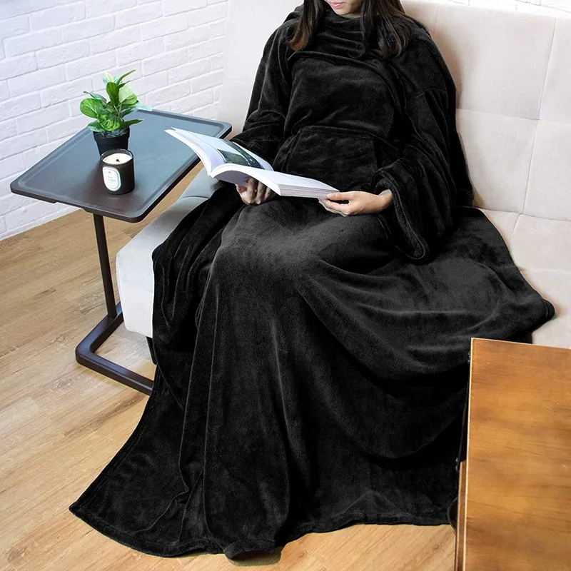 Home Wearable TV Lazy Sleeve Blanket Anti Static Multi Functional Adult Flannel Touch Blanket with Large Pocket Soft and Warm