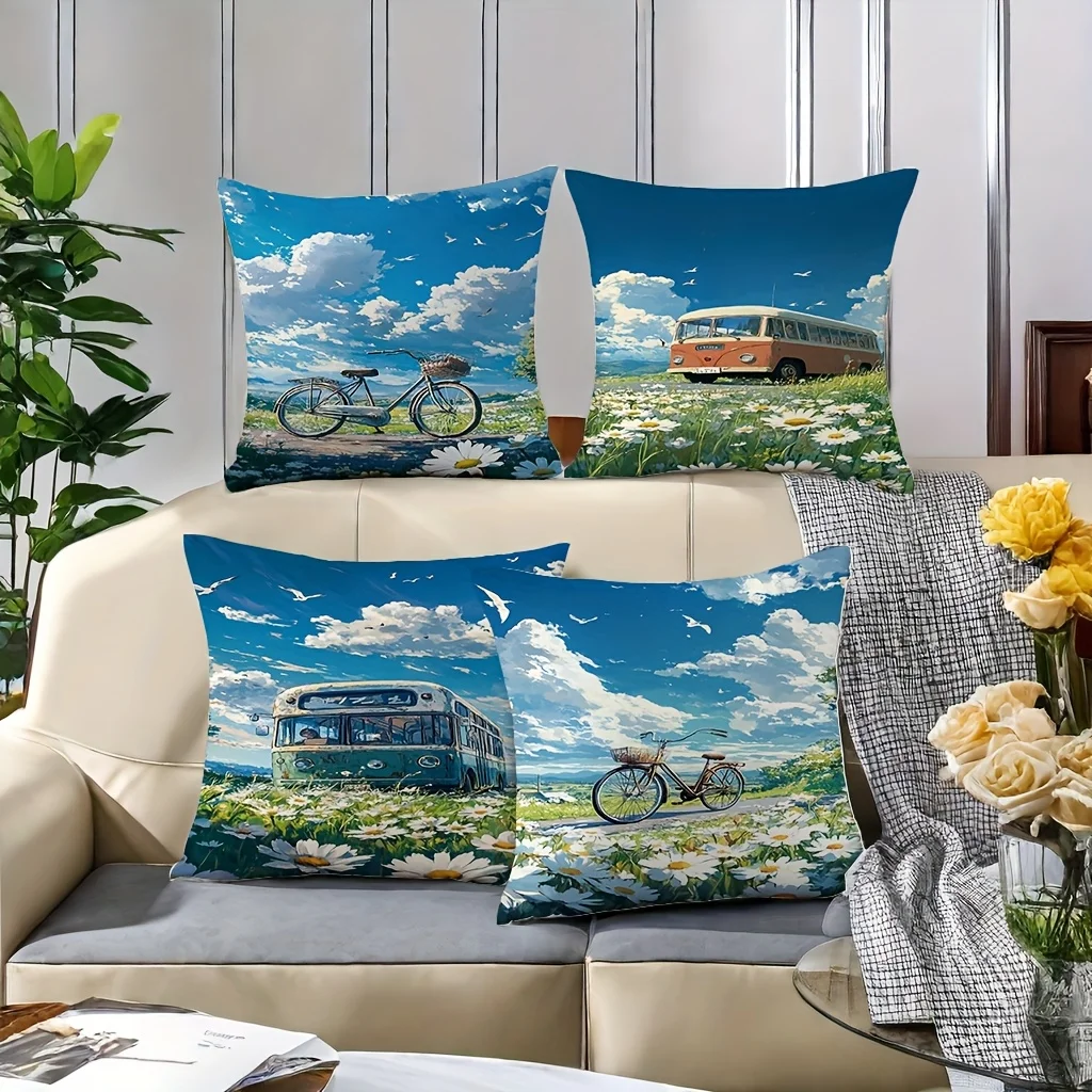 4pcs Fields, bicycles and vintage buses printing Short plush Suitable for living rooms bedrooms sofas (excluding pillow cores)