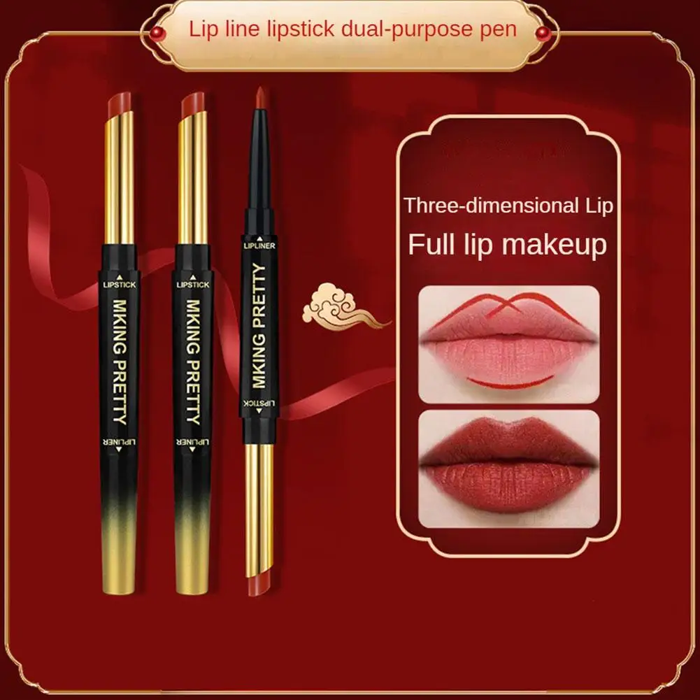 Batom fosco de ponta dupla feminino, delineador labial 2 em 1, cosmético à prova d'água, maquiagem vermelha, batom nude, fosco j2p0