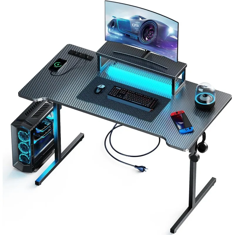 Small Gaming Desk with LED Lights & Power Outlets, 47 Inch Computer Desk with Monitor Stand, PC Gaming Table with Carbon Fiber