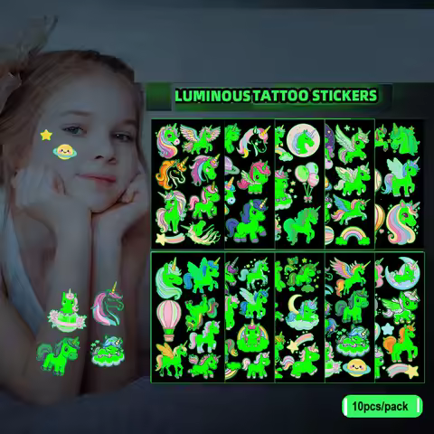 10Pcs Disposable Water Transfer Printing Unicorn/butterfly/Watch Luminous Tattoo Stickers Waterproof Party Gifts Funny Stickers