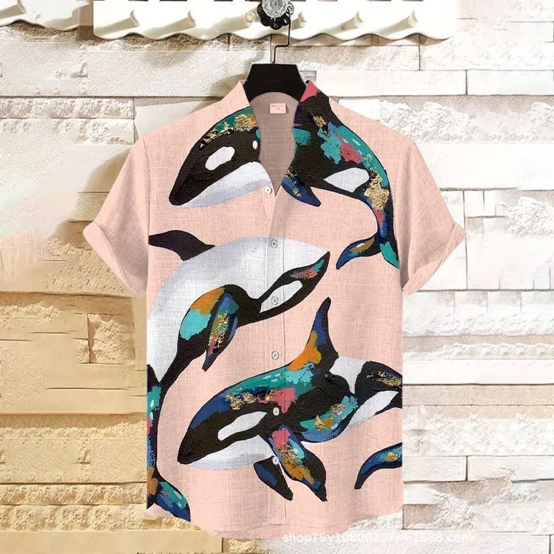 2024 Men's Shirt Hot Sale Hawaiian Shirt Dolphin Print Harajuku European Size Beach Foreign Trade Men's Plus Size Shirt