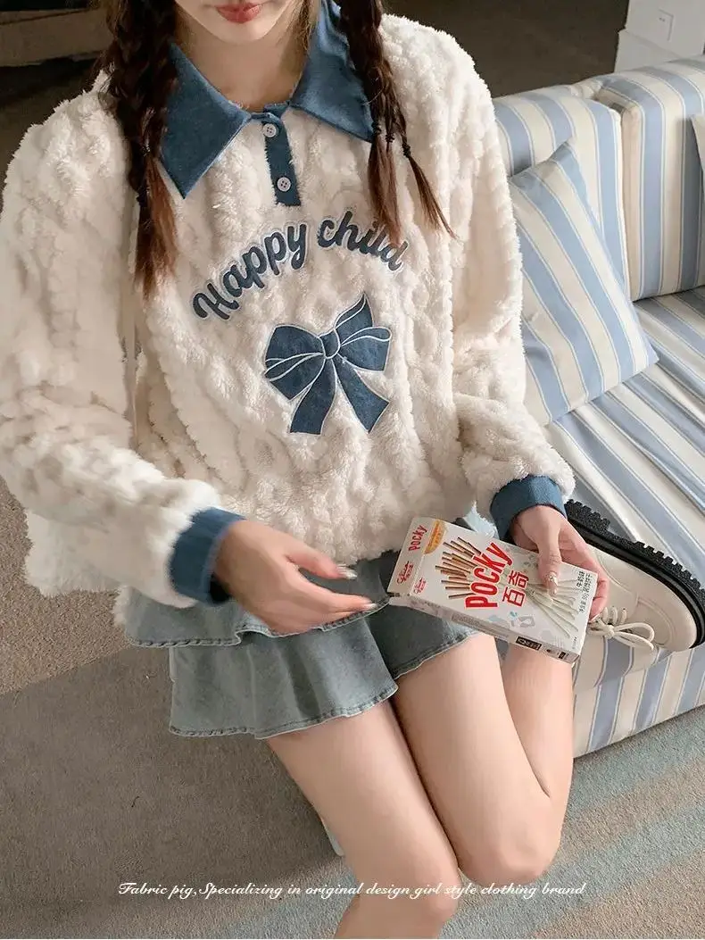 

Japan Plush Apricot Top Women'S Autumn And Winter Warm Bow Design Lapel Jacket 2026 New