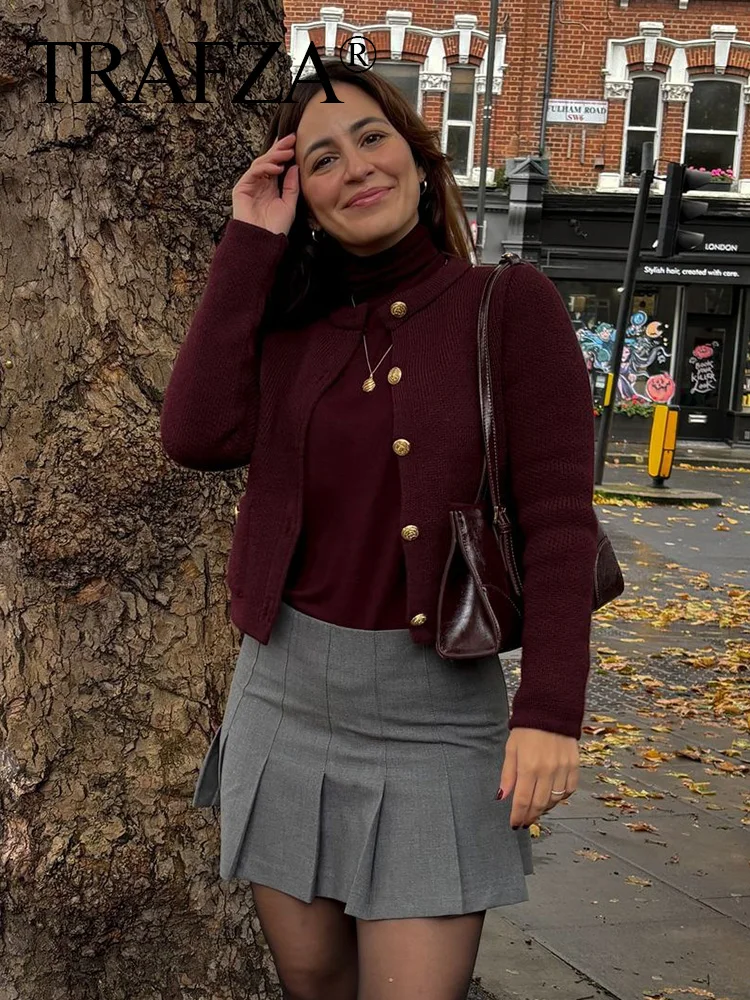 TRAFZA Autumn Women Elegant Burgundy O-neck Knitted Cardigan Fashion Metal Buttons Long Sleeve Sweater Female Casual Outerwear