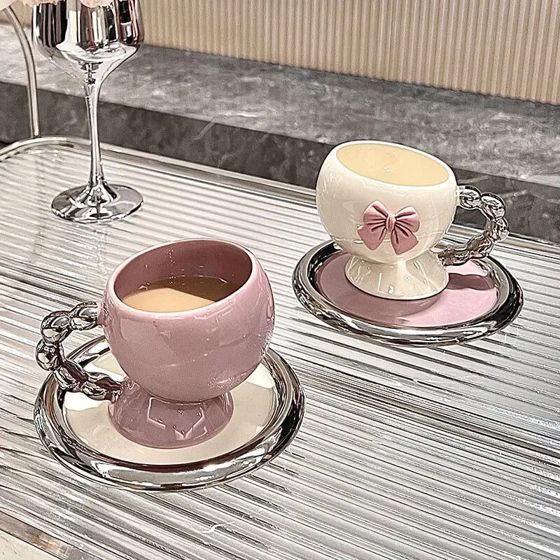 Fine Ceramic Coffee Cup Saucer Bow Mug English Afternoon Tea Tableware Ceramic Latte Coffee Cup Saucer Breakfast Mug Gifts 160ml