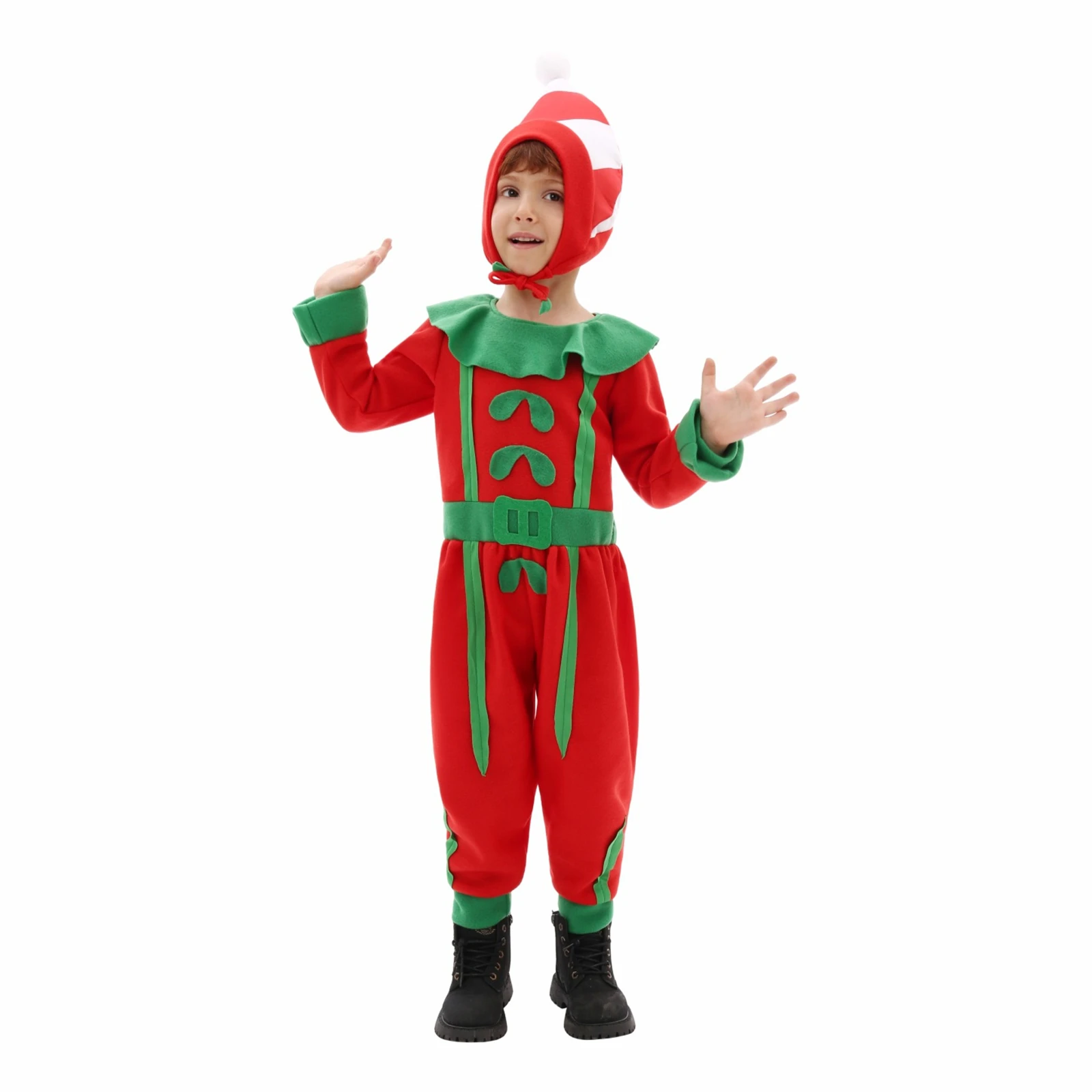 

Anime Christmas Elf Cosplay Costume for Kids Little Boys Long Sleeve Red Zipper Jumpsuits with Headgear Children Party Overall