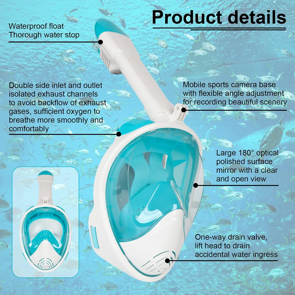 Full Face Snorkel Mask Snorkeling with Camera Mount 180 Degree Panoramic View Anti-Fog Anti-Leak Snorkeling Set for Adult Kids