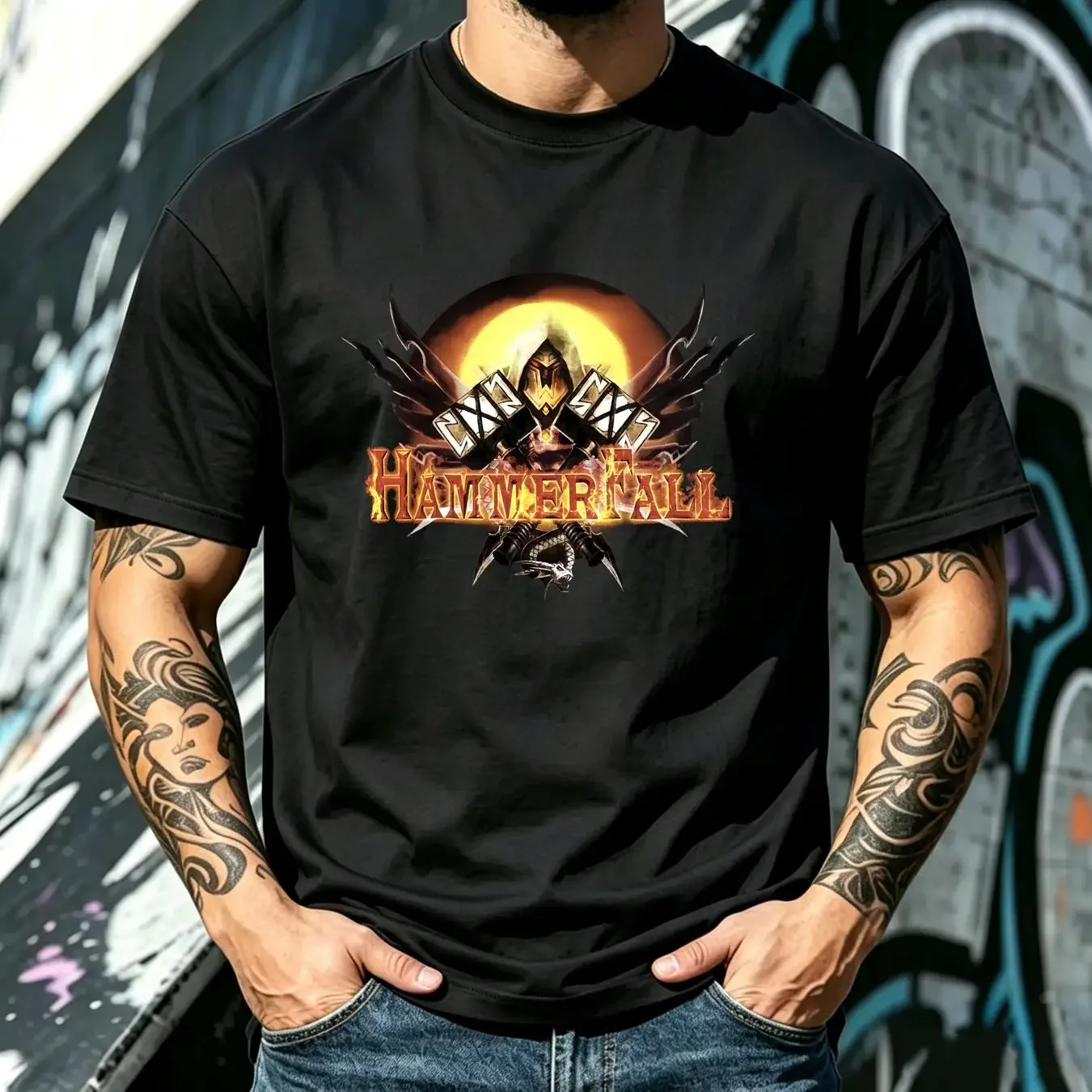 washed T Shirt Hammerfall Hammer Of Dawn Promo Album Faded Black Size L vintage Washed streetwear designer clothes Comfortable
