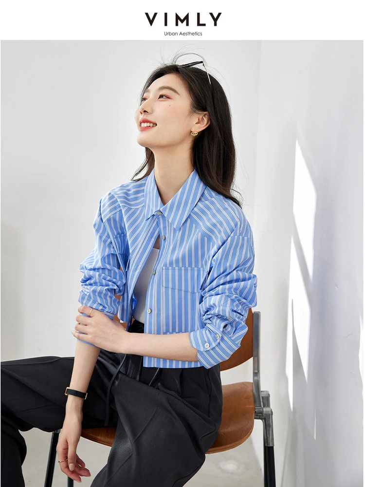 VIMLY Women's Commuter Striped T-Shirt Autumn New Casual Lapel Drop Shoulder Long Sleeve Short Cardigan Blouse Office Shirt Top