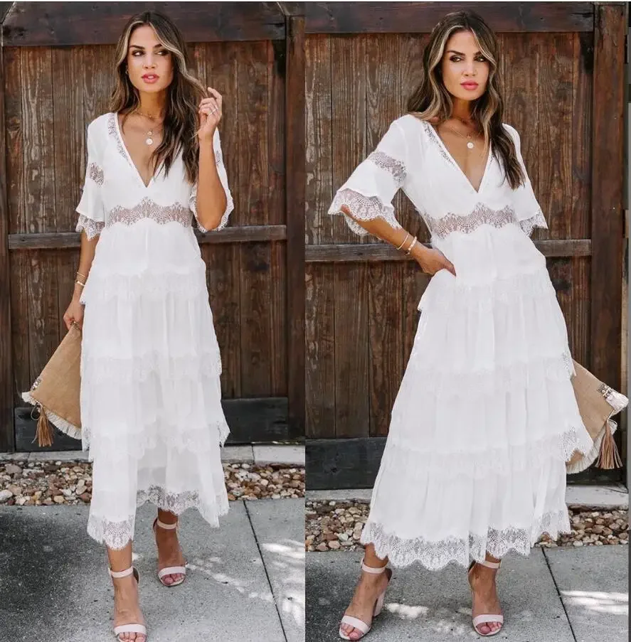 Vestidos Boho Hippie Chic White Women Sexy V Neck 1/2 Sleve Lace Patchwork High Waist Cake Maxi Dress Lady Beach Dress 2020