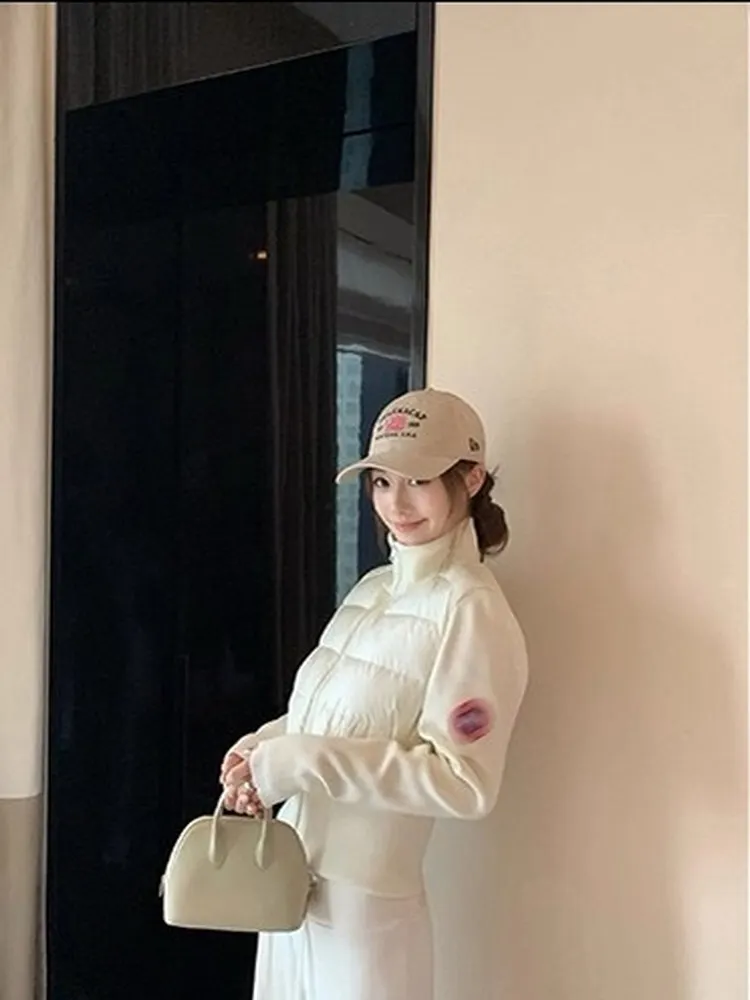 

Korean Sle ort Knitted Padded Jaet Women's Winter Thiened Slim Fit Stand Collar down Cotton Coat White Color