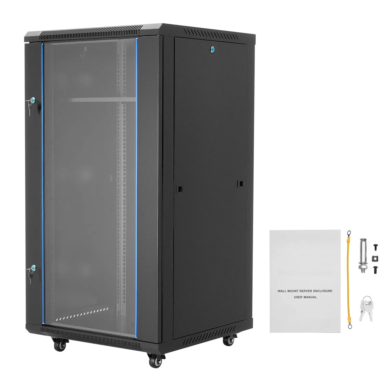 22U Network Cabinet Wall Mount, 23.6 in Depth, 300 lbs Max Load Capacity Server Cabinet Rack Enclosure with Locking Tempered Gla