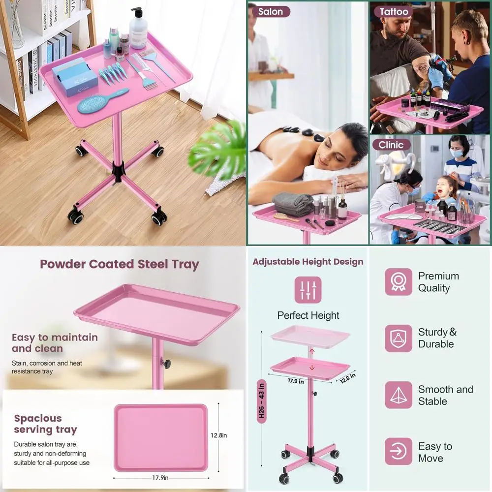 

Розовая тележка-поднос на колесах для закусок и предметов для укладки волос