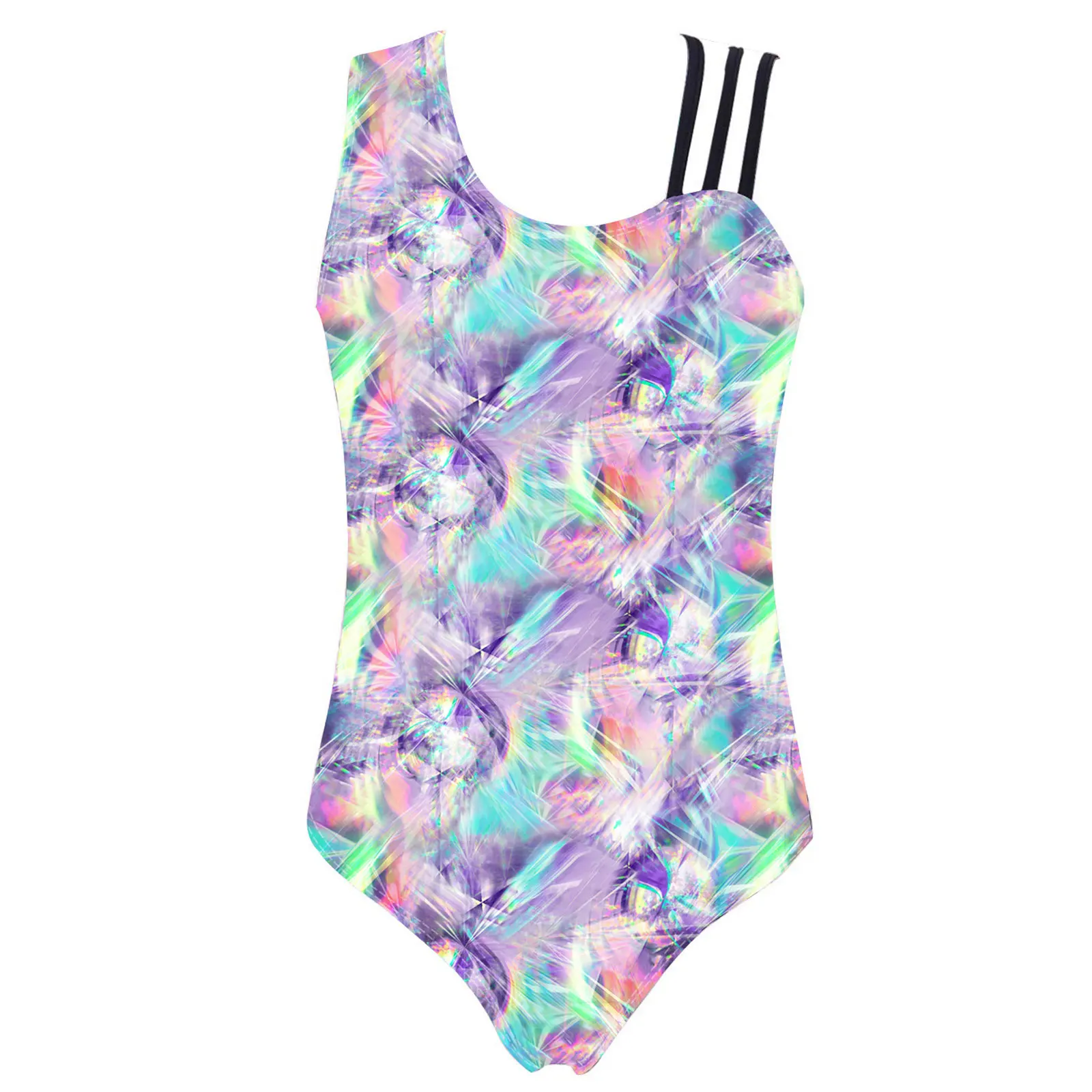 Kids Girls Cute Vacation Beachwear Asymmetric Shoulder Straps Gymnastic Swimsuit Colorful Printing Dance Water Sports Leotard