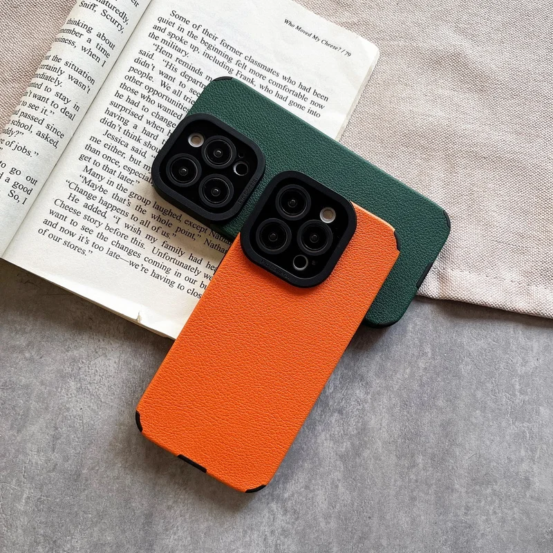 Lychee-funda de teléfono de cuero texturizado para iPhone 14 Pro Max 13 12 Pro Max 14 13 11, protección de lente a prueba de golpes, cubierta trasera híbrida