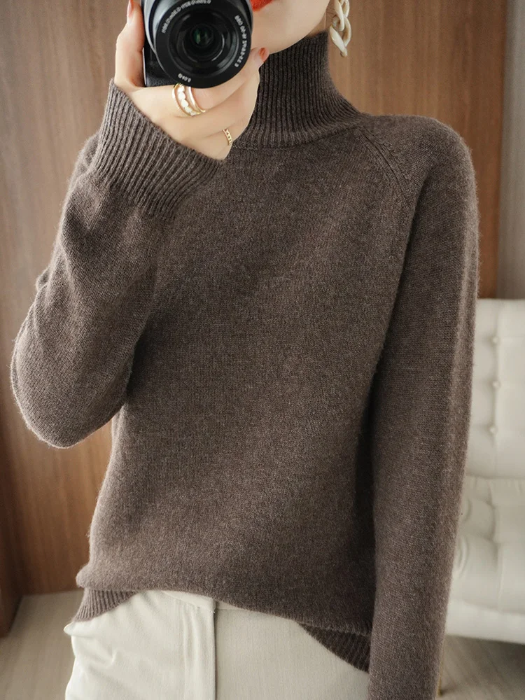 Fashion Basic Autumn Winter Merino Wool Sweater Mock Neck Cashmere Pullover Solid Color Soft Long Sleeve Basic Clothing Tops