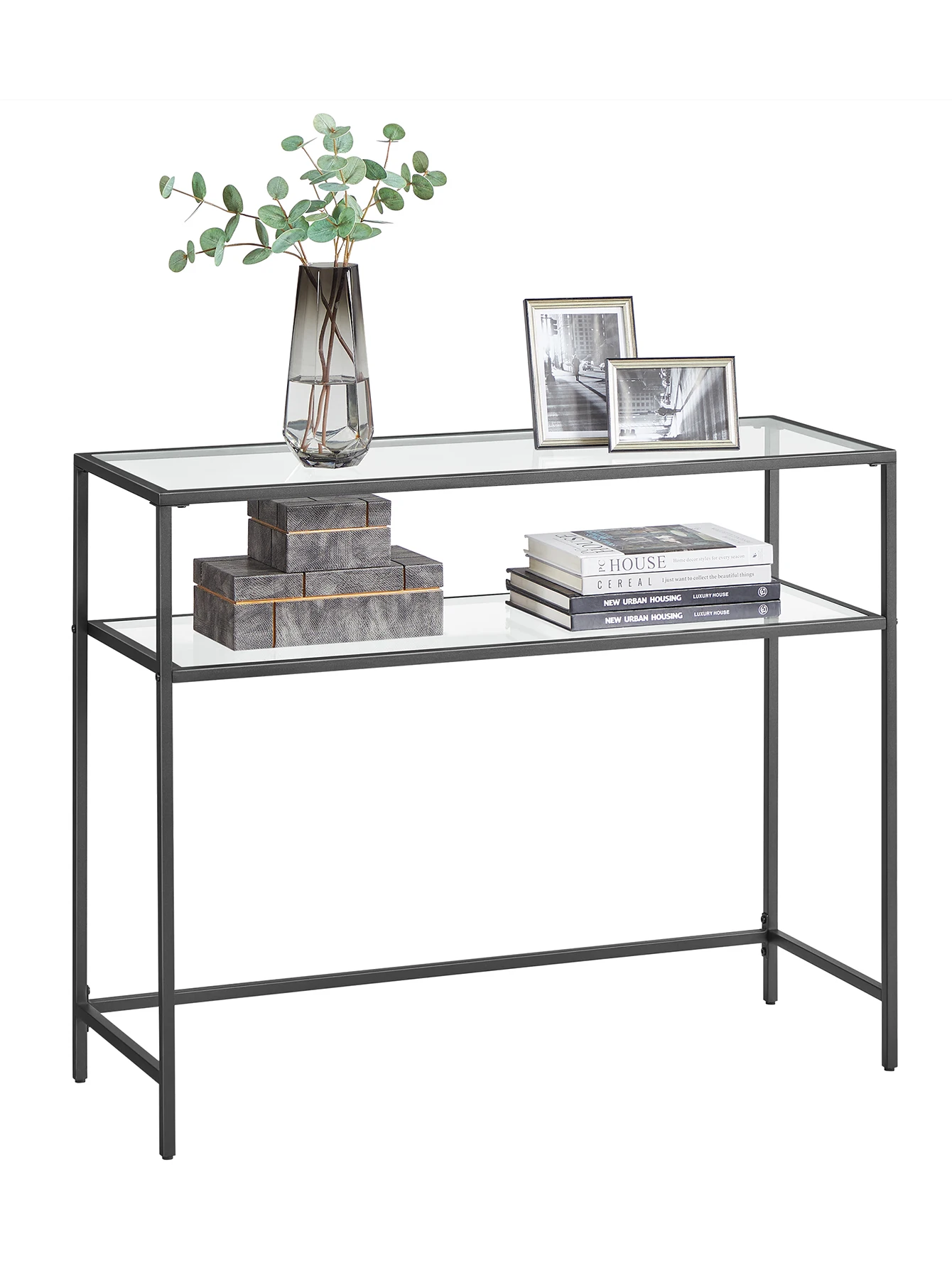 39.4 Inch Modern Console Sofa Table, Black Tempered Glass Entryway Table with Metal Frame, 2 Storage Shelves & Adjustable Feet, for Living Room & Hallway, Model ULGT025B01