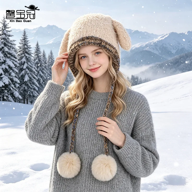 Winter Cold and Warm Knitted Hat Japanese Face Small Ear Protector Pullover Hat Plush Cute Rabbit Ear Hat Female  for Women Hats