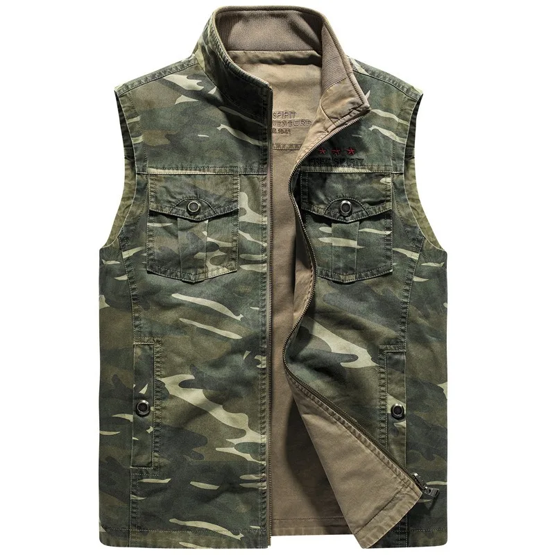 

2024 New Men Casual Camouflage Vest Spring Autumn Cotton Double-Sided Outdoor Multi-Bag Waistcoat Large Size Stand Collar Jacket