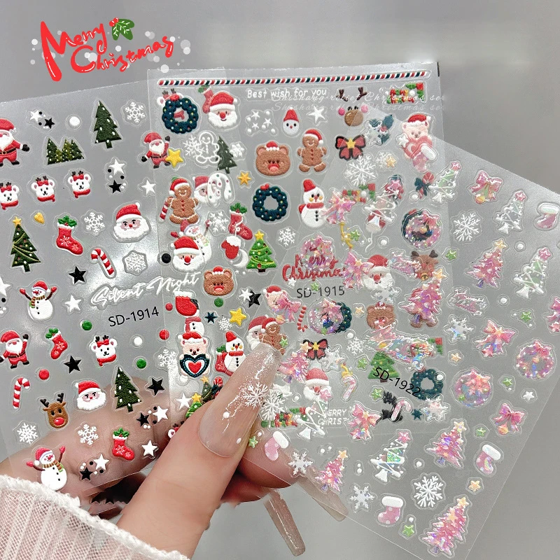 Kerst nagelstickers 3D reliëf winter sneeuwvlok beer nagelsticker voor vrouwen en meisje kerstman nagelsticker kunstdecorstie