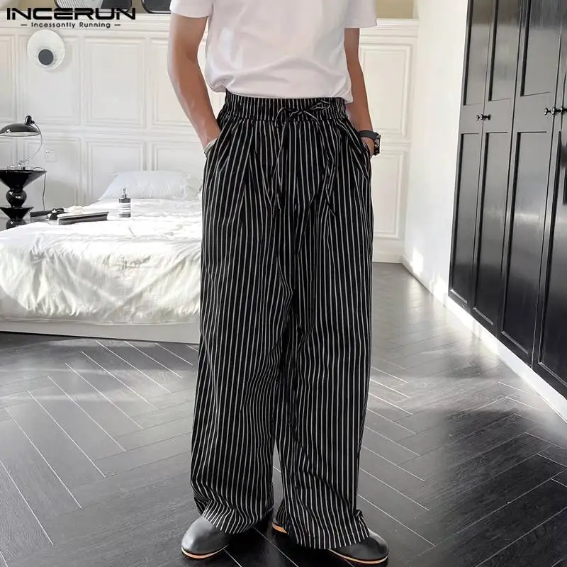 

INCERUN 2024 Korean Style Trousers Fashion Mens Striped Drawstring Design Long Pants Casual Male Elastic Waisted Pantalons S-5XL