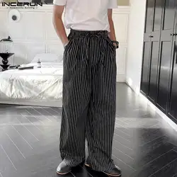 INCERUN 2024 Korean Style Trousers Fashion Mens Striped Drawstring Design Long Pants Casual Male Elastic Waisted Pantalons S-5XL