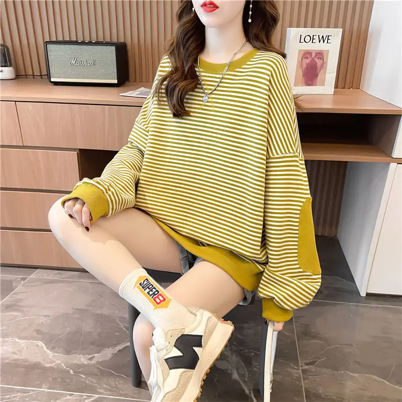 Fashion O-Neck Spliced Loose Striped Sweatshirts Female Clothing 2023 Autumn Winter Oversized Casual Tops All-match Sweatshirts