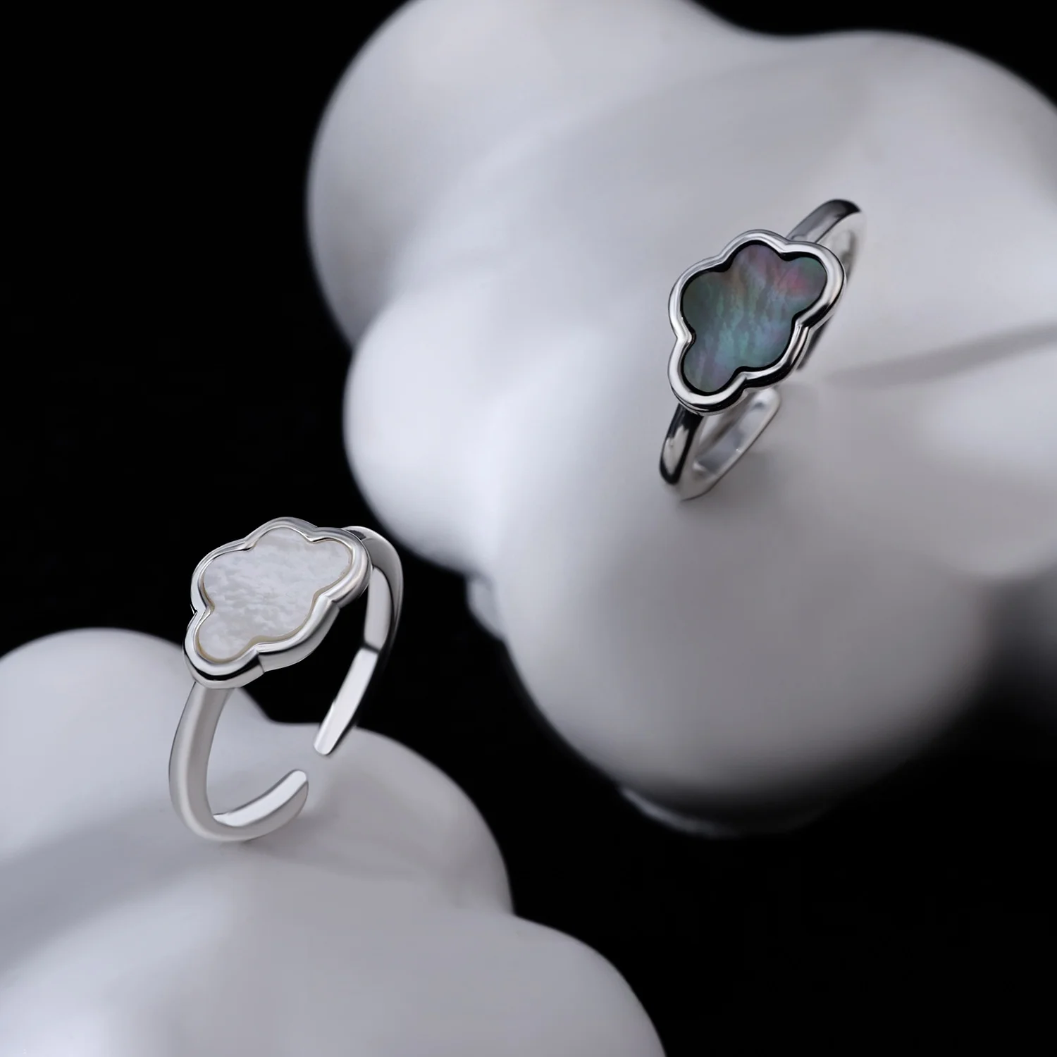 F.I.N.S Original Cloud Shaped S925 Sterling Silver Ring for Women Unique Open Black White Shell Adjustable Tail Finger Jewelry