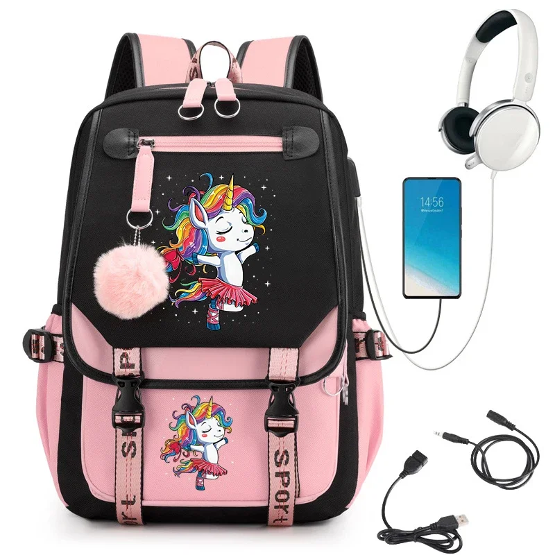 New Horse Ballet Backpack Bags for Girls Cartoon Pink Princess School Bags Usb Charging Satchels Bookbag Mochila Escolar