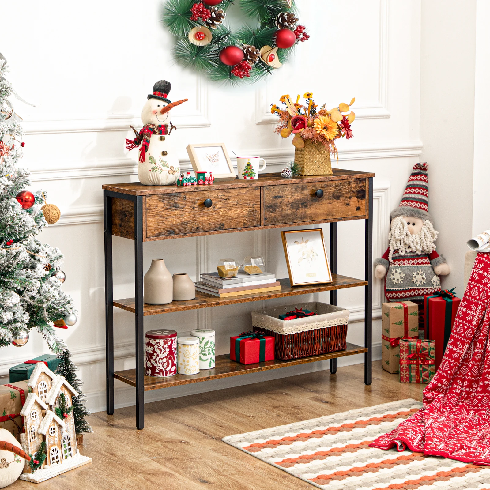 Tavolo consolle HOOBRO tavolo da ingresso stretto con 2 cassetti e 2 ripiani divano da ingresso per soggiorno corridoio industriale