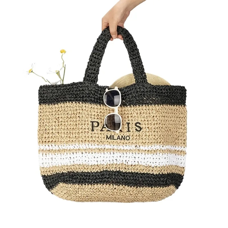 

Весенне-летняя женская сумка-тоут ручной работы из бумажной полосатой ткани, пляжная сумка в соломенном стиле для путешествий, повседневная сумка-тоут в стиле Бали, сумочки