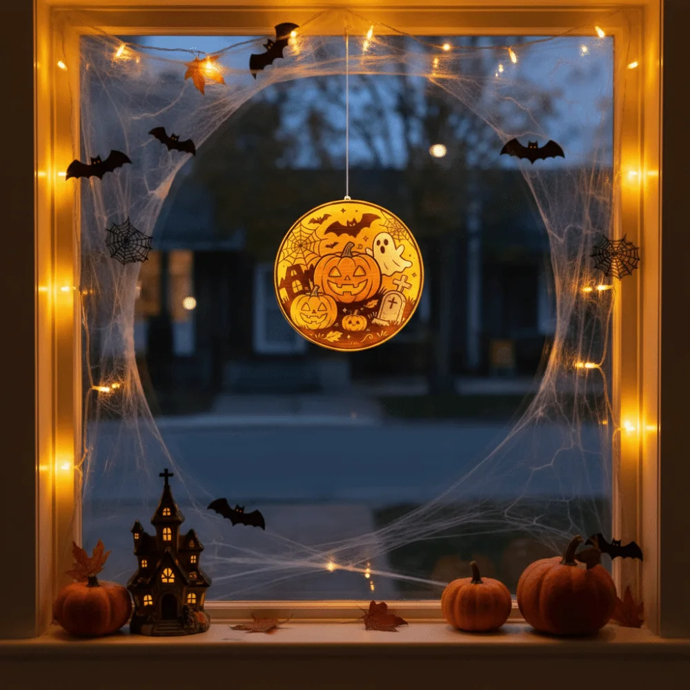 Warm Yellow Glow Halloween Window Lights Cute Cartoon Patterns Double Sided Graphic Pumpkin Hanging Lamp Battery Operated Power