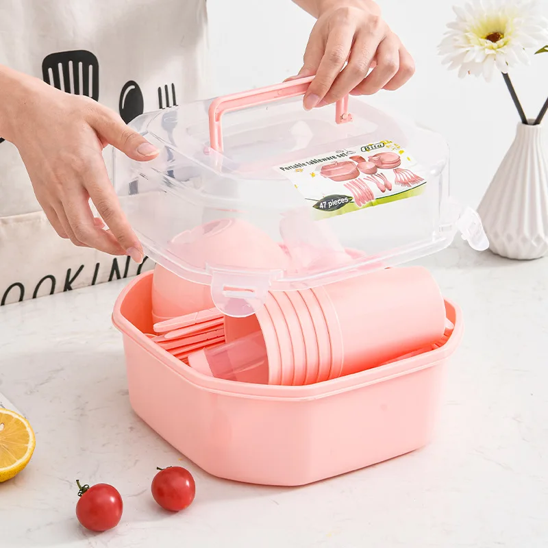 47Pcs Portable Plastic Tableware Set with Picnic Storage Box, Outdoor Dining Kit for Camping Picnic Travel Camping & Hiking