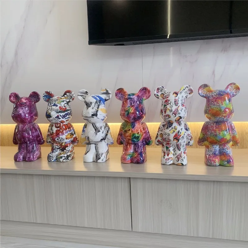 28cm Colorful Graffiti Bearbrickly Statue ABS Figurines Bears Brick Sculptures Modern Living Room Desktop Ornaments Home Decor