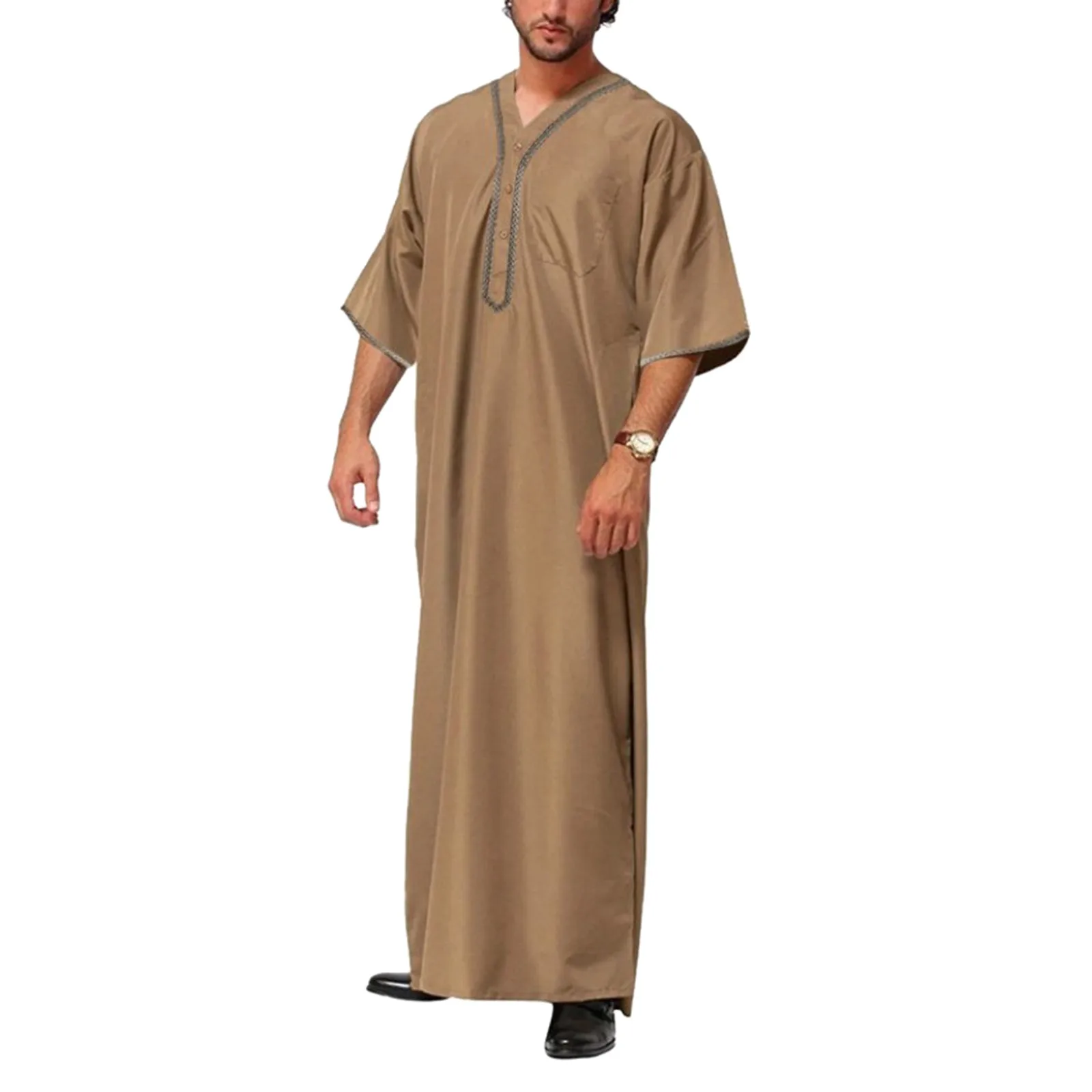 Men Vintage Half Sleeve Muslim Kaftan Robes Leisure V Neck Printed Galabia Thobe Solid Patchwork Arabic Clothes Plus Size S-5XL