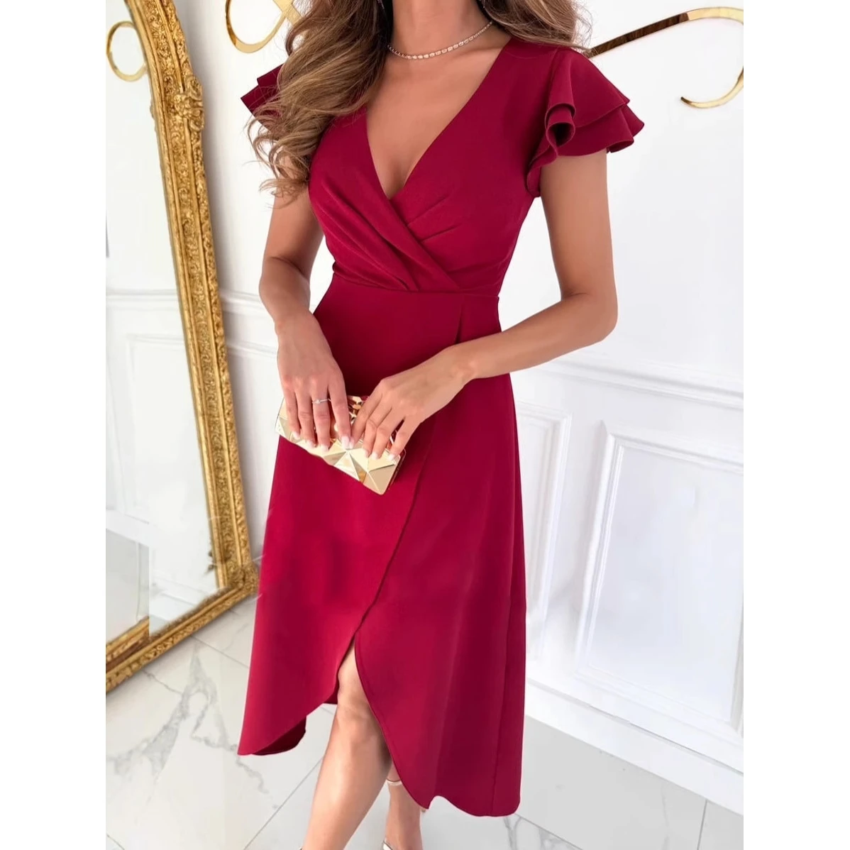 

Летнее платье для похудения с V-образным вырезом, однотонное, с кружевными рукавами, повседневное, с коротким рукавом, асимметричным подолом, женское