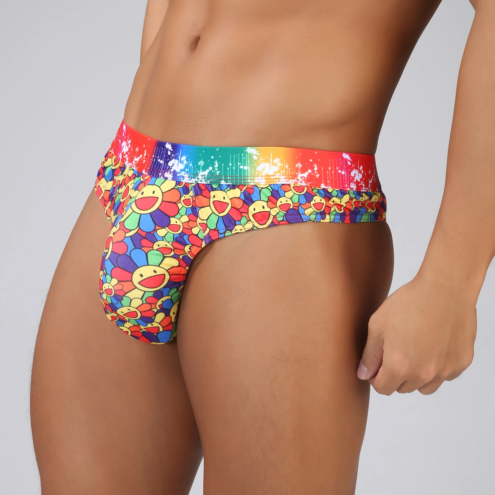 Man Bikini Underwear Sexy Men Thong Penis Pouch Panties Sunflower Print Lingerie Cueca T-back Underpants Funny Cute Thongs