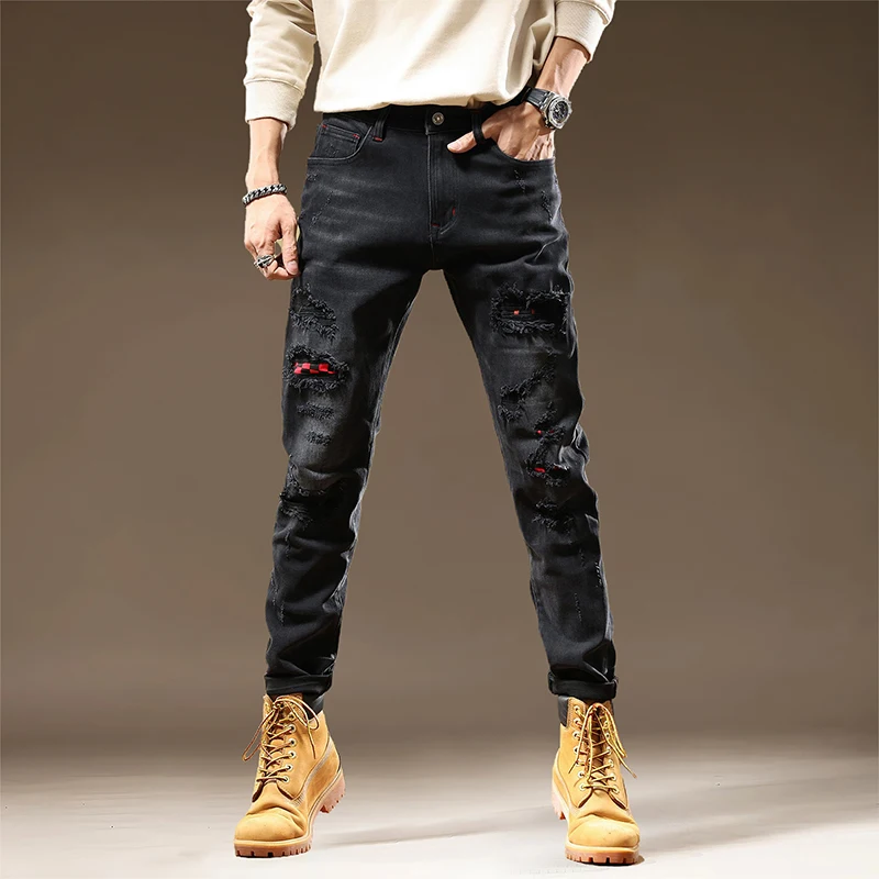 

TC2887 American black high-end trend jeans patch holes men's fashion hundred tide brand elastic Slim pants