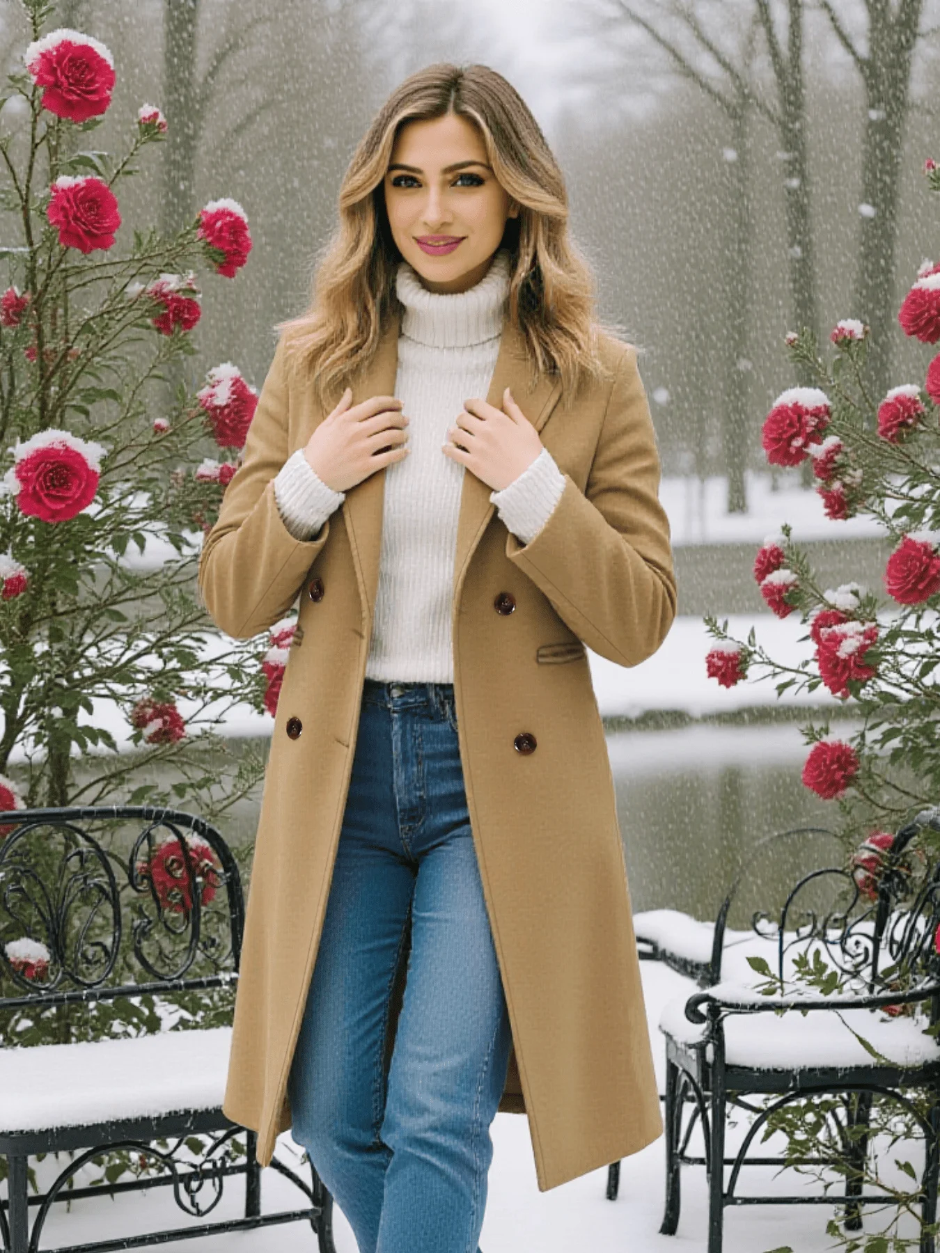 Damen-Trenchcoat, Herbst-Winter, verdickte Windjacke, strukturierter Wollstoff, warm, minimalistisch, euroamerikanischer Modemantel