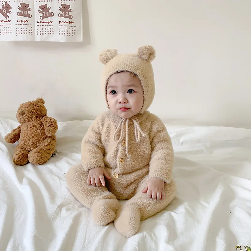 Baju Natal Bayi Laki-laki Perempuan Musim Dingin Baju Monyet Bayi Baru Lahir Bodysuit Kartun Beruang Mewah Lembut Bayi Pullover Jumpsuits dengan Topi