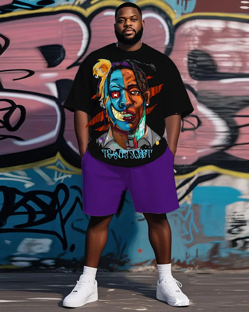 

S-9XL Men's Large Size Hip-Hop Short-Sleeved T-Shirt Shorts Two-Piece Set