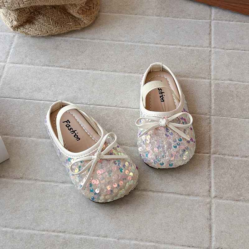 

Girls Half Slippers Sequin Children Princess Shoes for Party Wedding Soft Sole Fashion Kids Flats Dress Shoes with Bow-knot