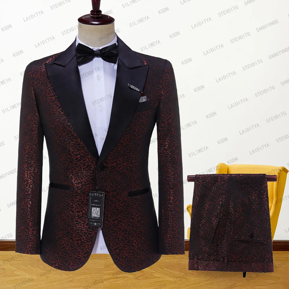 

2023 New Men Suits 2 Pcs Slim Fit Business Suits Satin Lapel Groom Red Black Jacquard Tuxedos For Formal Wedding （Blazer+Pants）