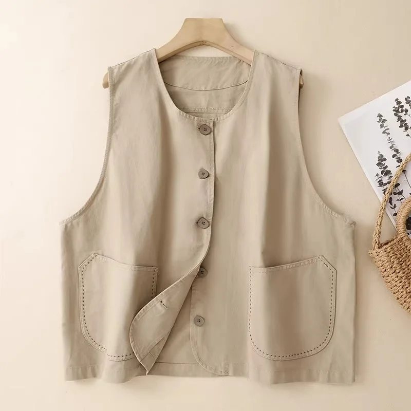 Japanese Style Artistic Embroidery Cotton Linen Cardigan Vest,Women's Loose Layered Spring Summer Top W2224 - view 4