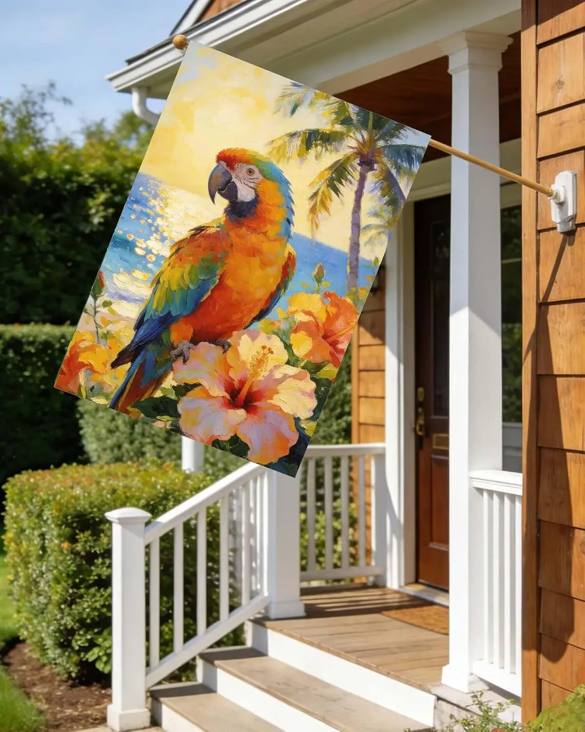 Oil Painting Summer Seaside Parrot Floral Flowers Palm Trees House Flag 28