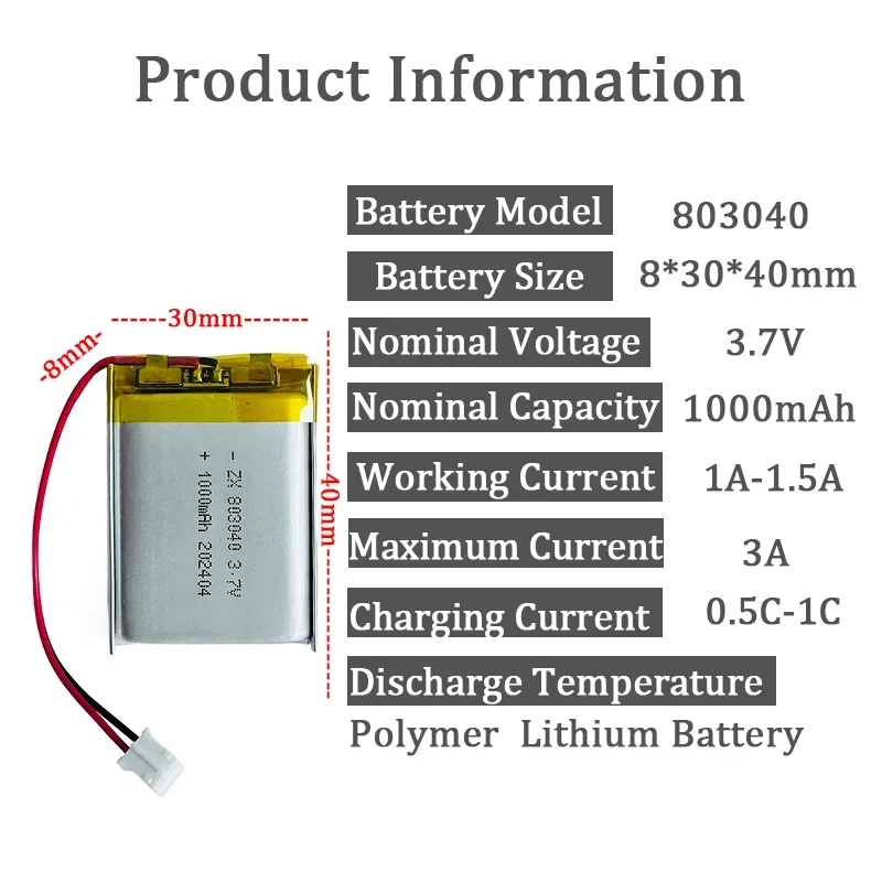 803040   Akumulator Lipo 3,7 V 1000 mAh Zamienny akumulator litowo-polimerowy Li-Po do głośnika Bluetooth PDA